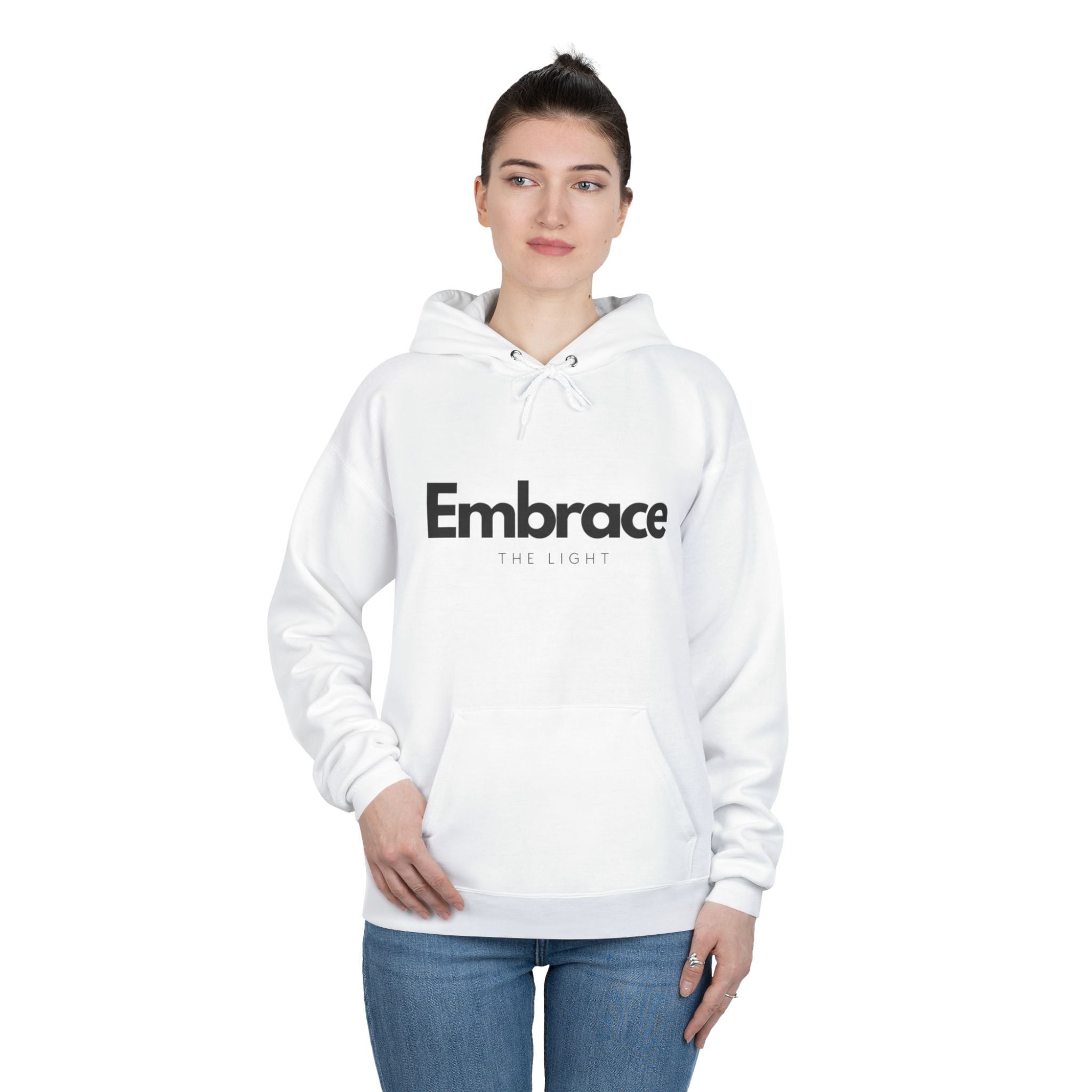 EcoSmart Hoodie Sweatshirt - Unisex Pullover | Recycled Polyester. White fleece-lined hoodie with 'Embrace The Light' text, featuring a regular fit and front pocket.