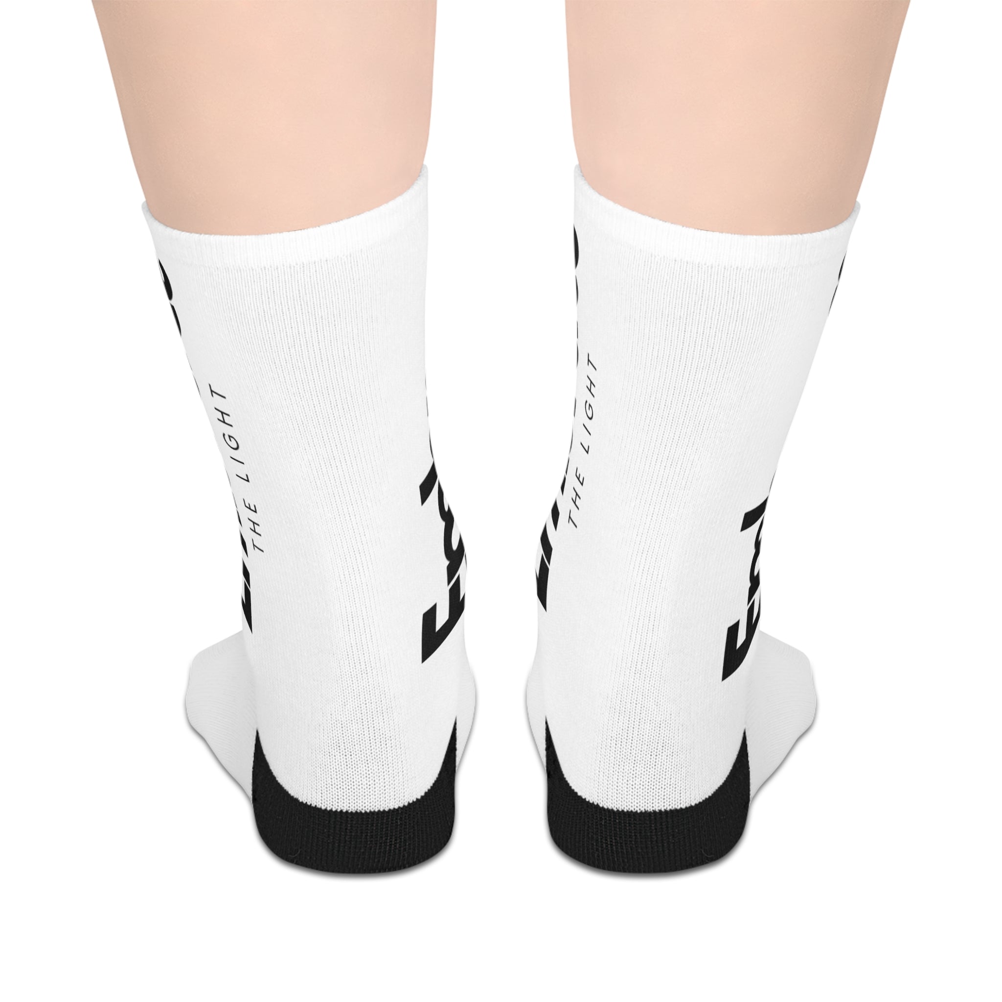 Custom photo mid-length socks with black heel and toe accents. Personalized design with text and graphics on soft polyester fabric for comfort.