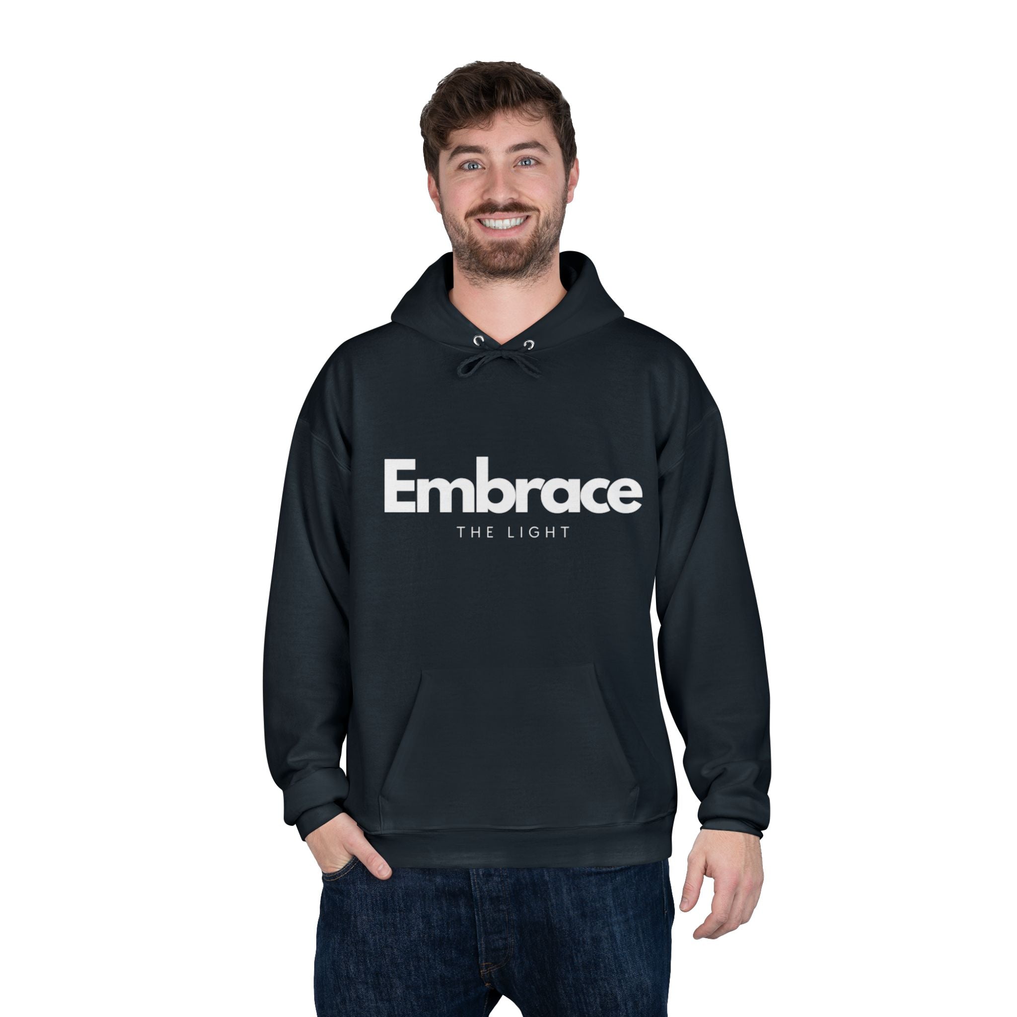 EcoSmart Hoodie Sweatshirt - Unisex Pullover in black with 'Embrace The Light' text. Made from recycled polyester, featuring a fleece lining and regular fit.