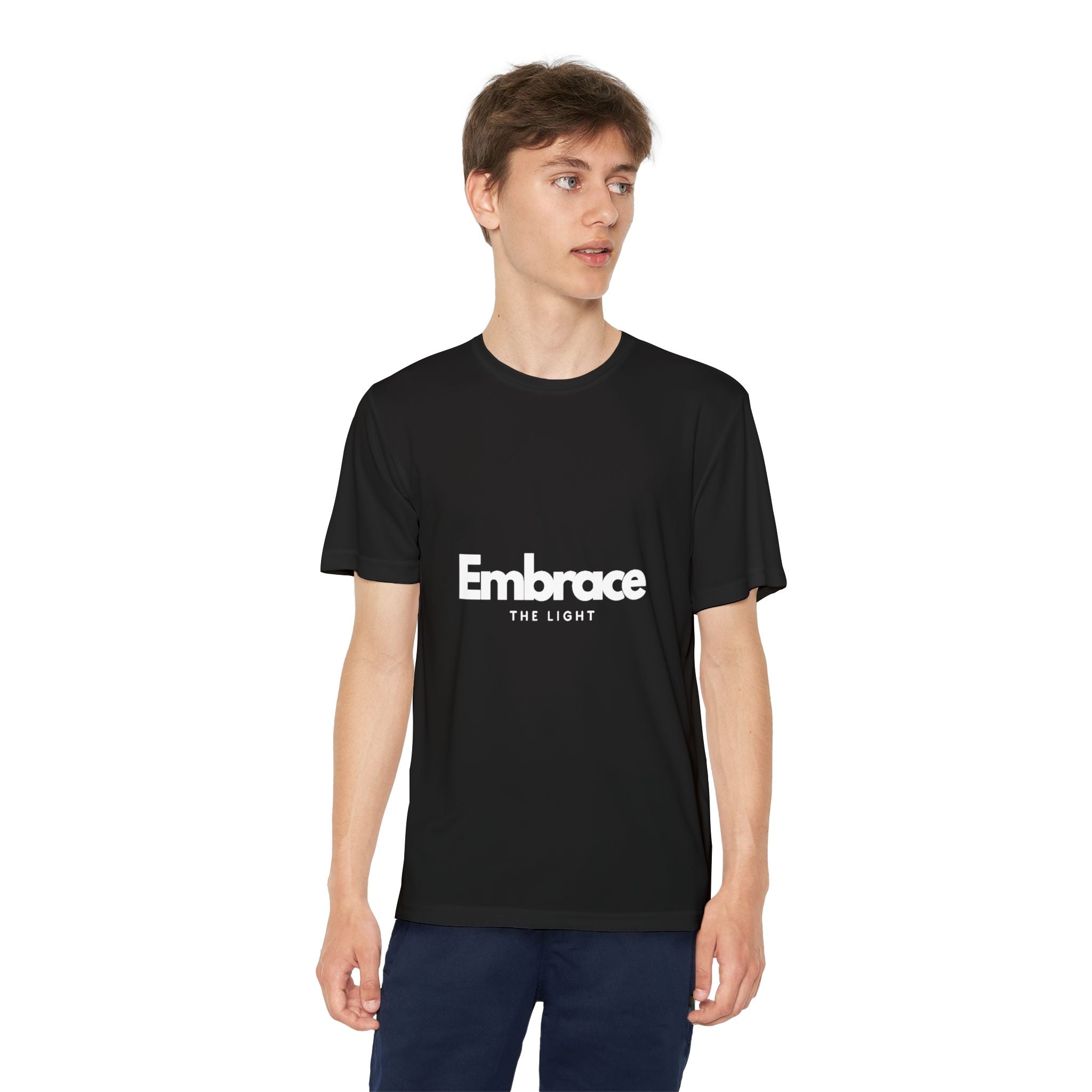 Youth Competitor Tee - Athletic Wear for Teens. Black moisture-wicking polyester T-shirt with 'Embrace The Light' print, ideal for sports and school.