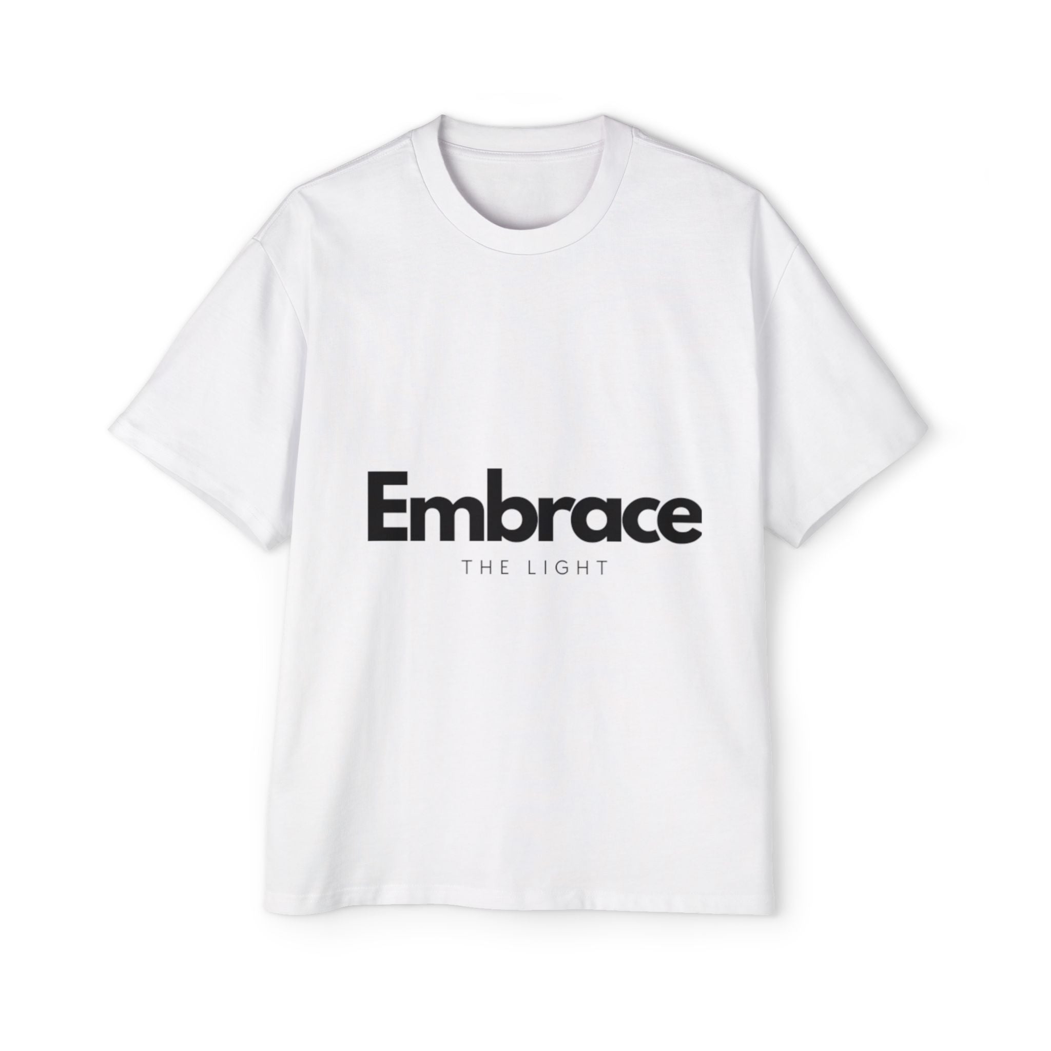 Men's Heavy Tee - Men's Oversized Cotton T-Shirt in white with 'Embrace The Light' text print. Made from 100% cotton for a relaxed, boxy fit.