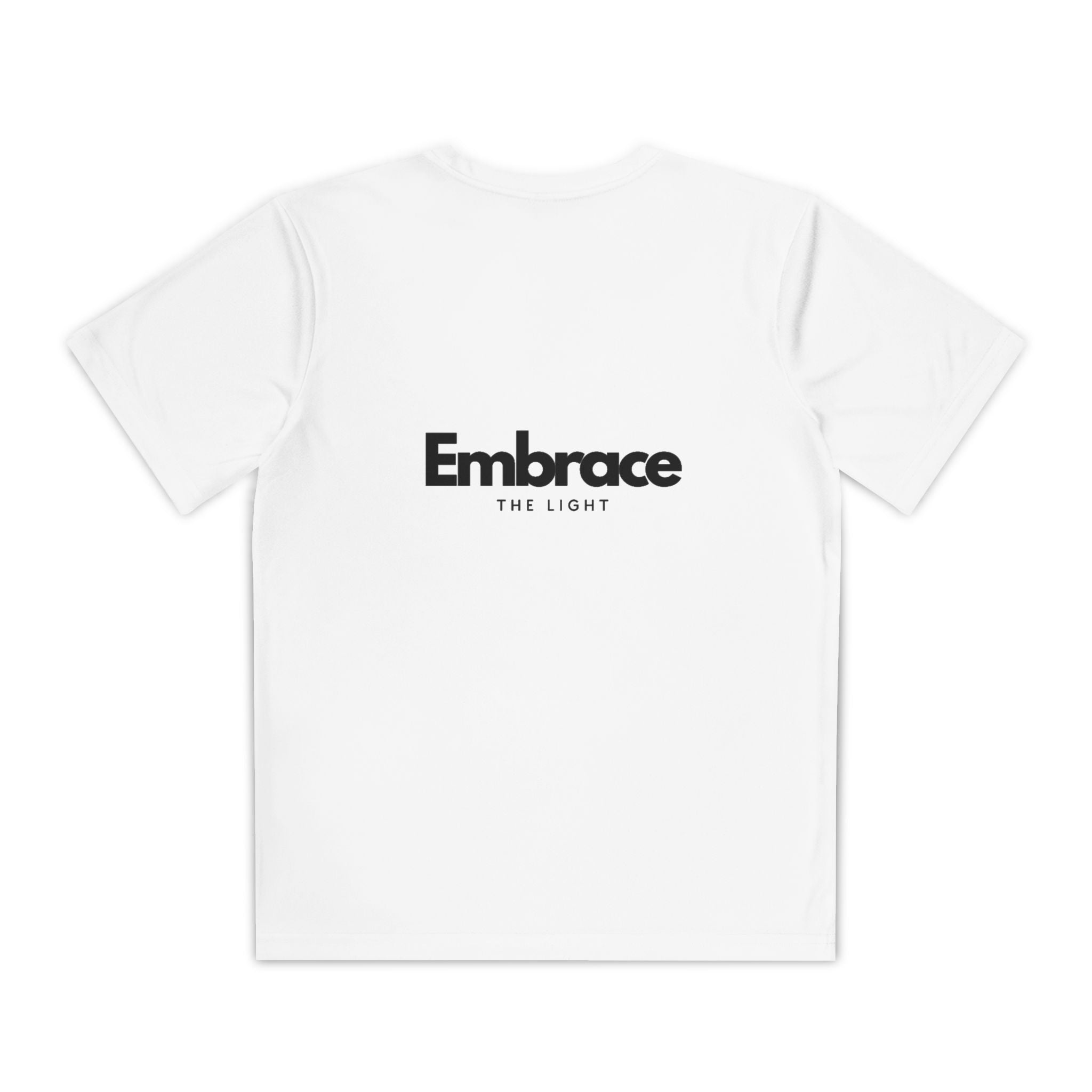 Youth Competitor Tee in white with 'Embrace The Light' text on the back. Made from breathable, moisture-wicking polyester for active teens.