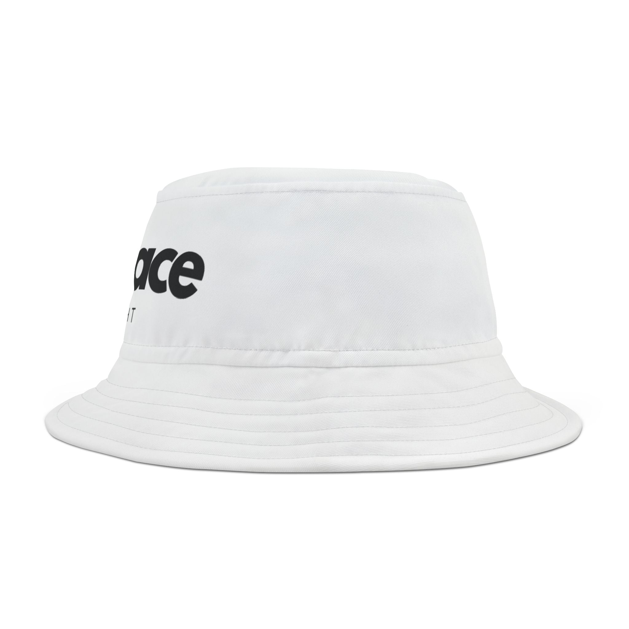 White bucket hat with black text design, made from 100% polyester. Stylish and modern accessory, perfect for casual wear and outdoor fashion.