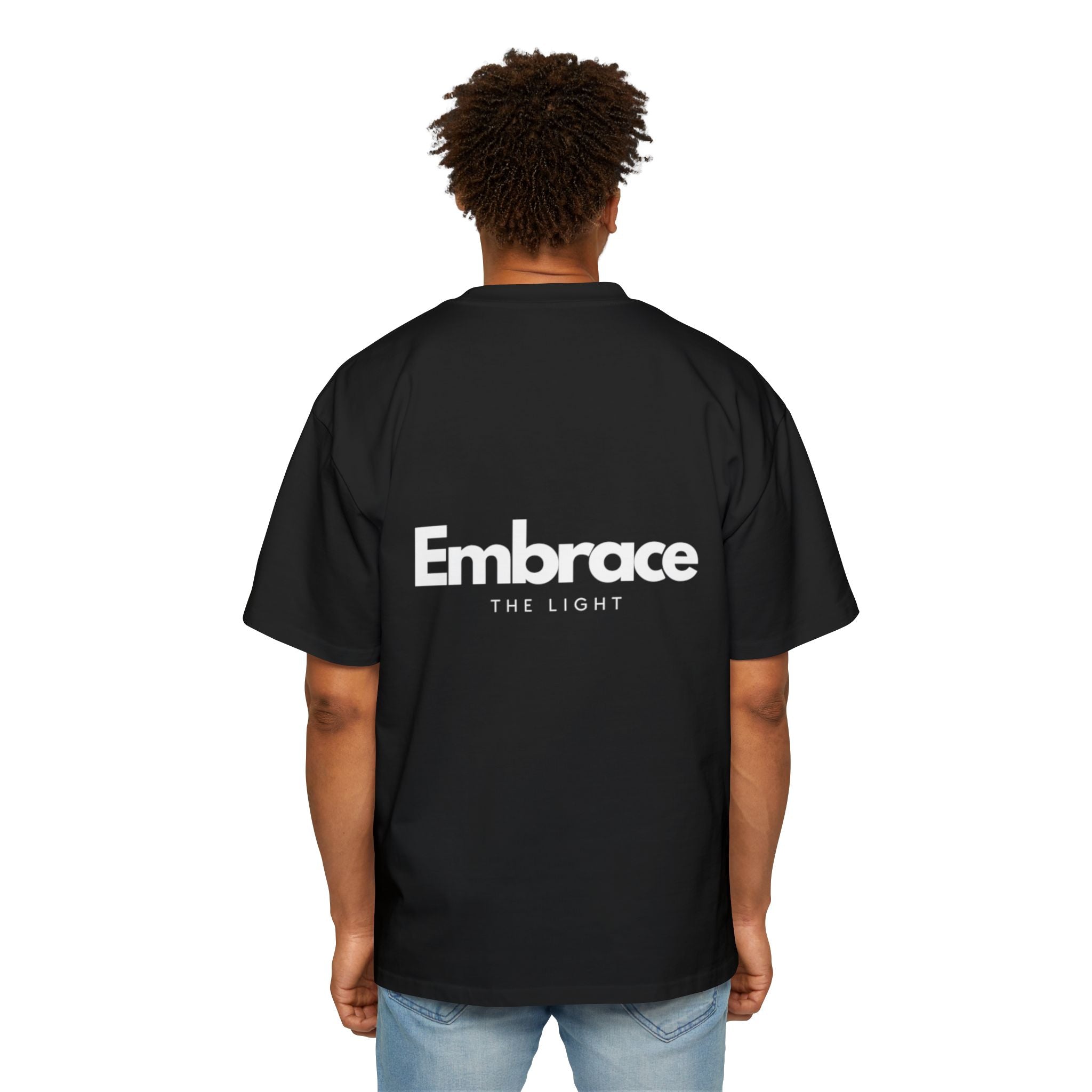 Men's Heavy Tee - Men's Oversized Cotton T-Shirt in black with 'Embrace The Light' text on the back. Made from 100% cotton for a relaxed, boxy fit.