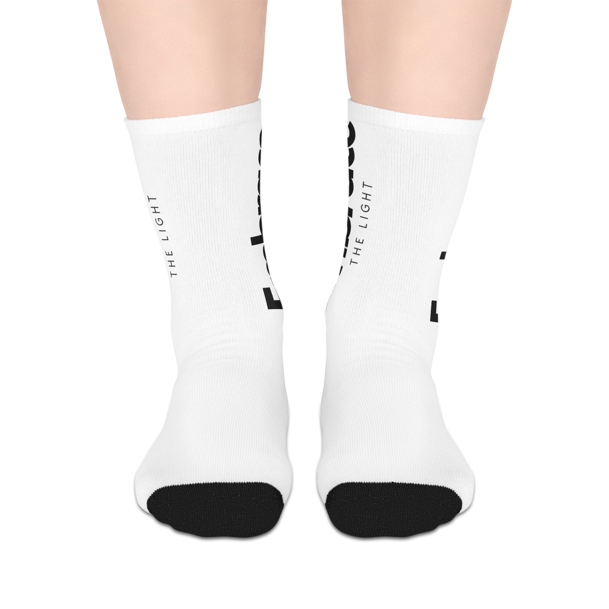 Custom photo mid-length socks with black toe accents. Personalized design featuring text 'THE LIGHT' on soft polyester fabric for comfort and style.