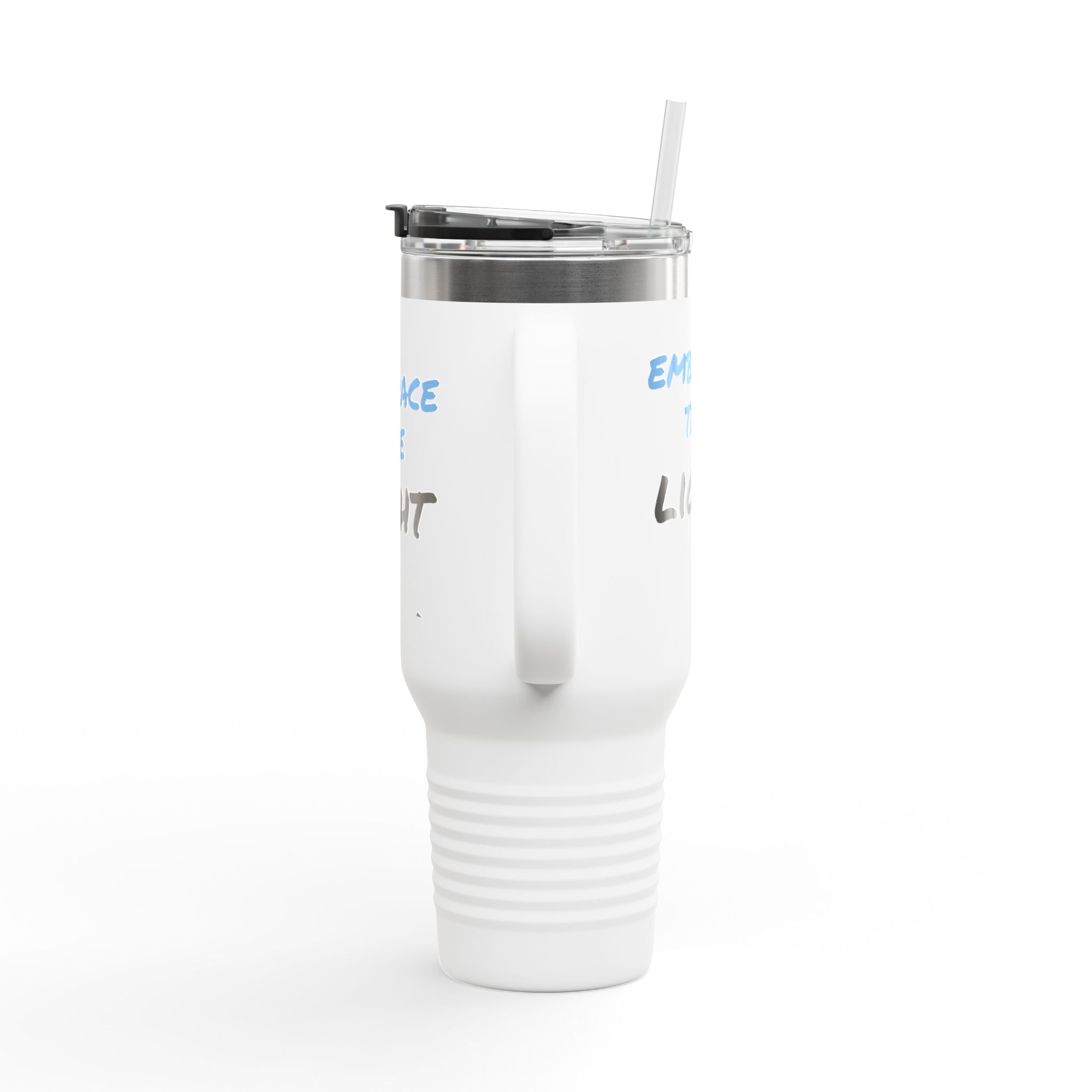 40oz insulated travel mug in white with a sturdy handle, stainless steel body, and straw lid. Designed for temperature retention and daily use.