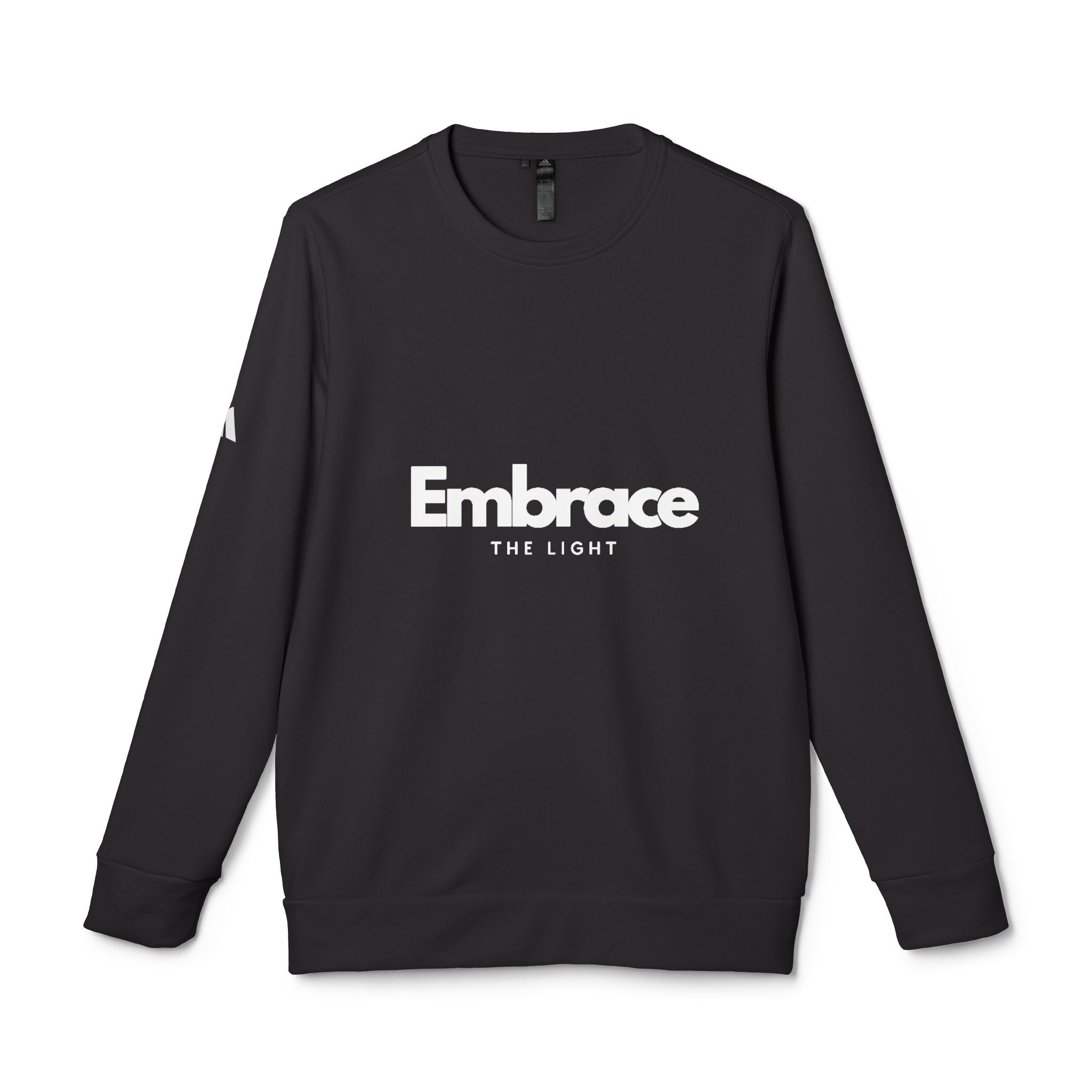 Black crewneck sweatshirt with 'Embrace The Light' text in white. Soft fleece fabric, unisex design, and ribbed cuffs for a snug fit.