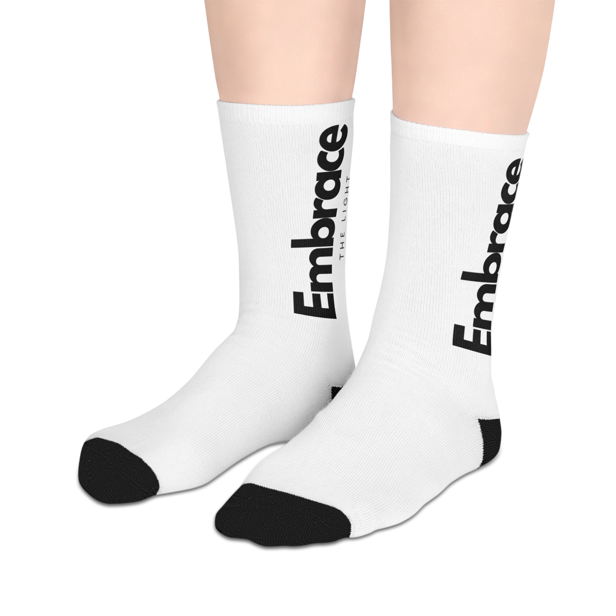 Custom photo mid-length socks with 'Embrace' text design. Personalized all-over print socks made of soft polyester for comfort and style.