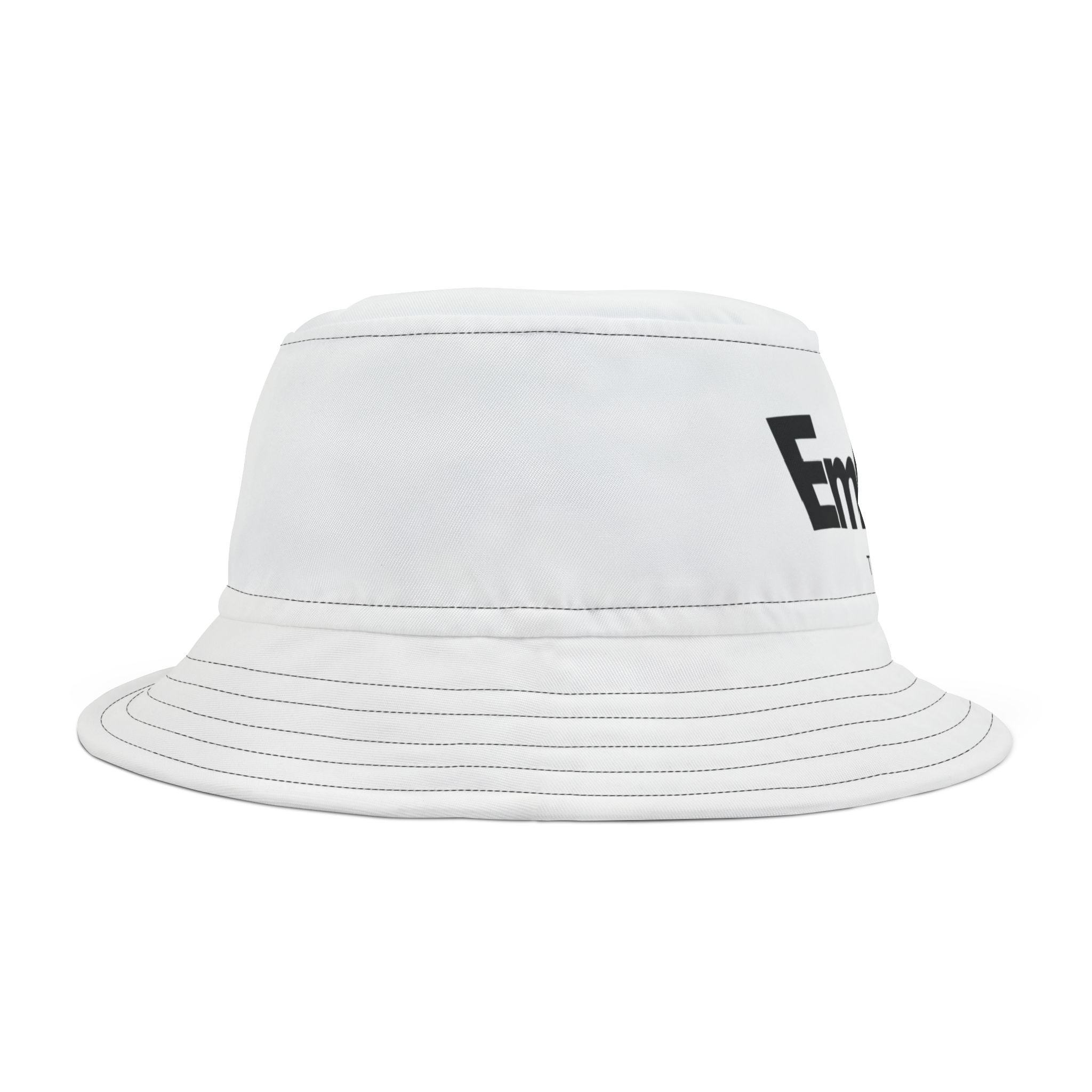 White bucket hat with black text design, made from 100% polyester. Stylish and modern accessory, perfect for casual wear and fashion-forward outfits.