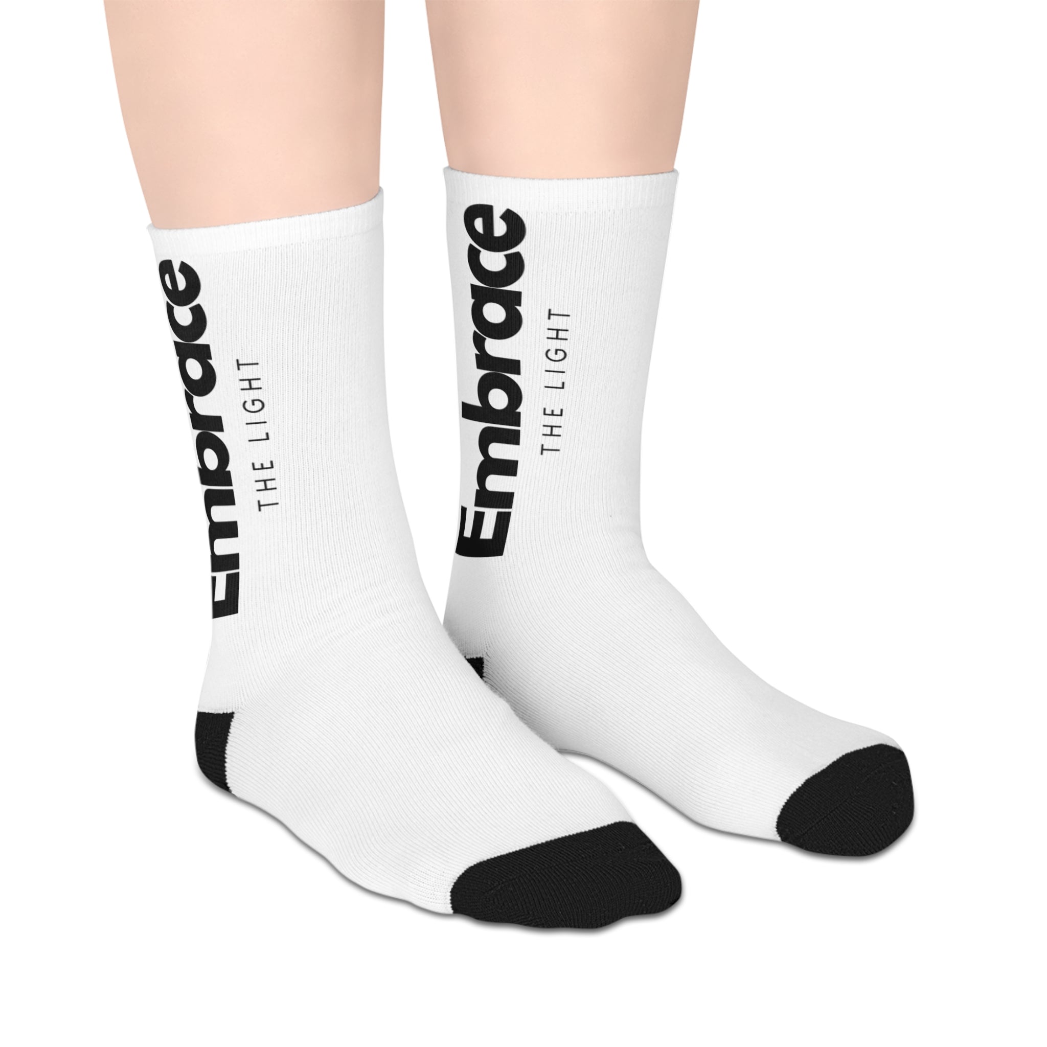 Custom photo socks - mid-length personalized with 'Embrace the Light' text. Soft polyester fabric with black toe and heel accents for comfort and style.