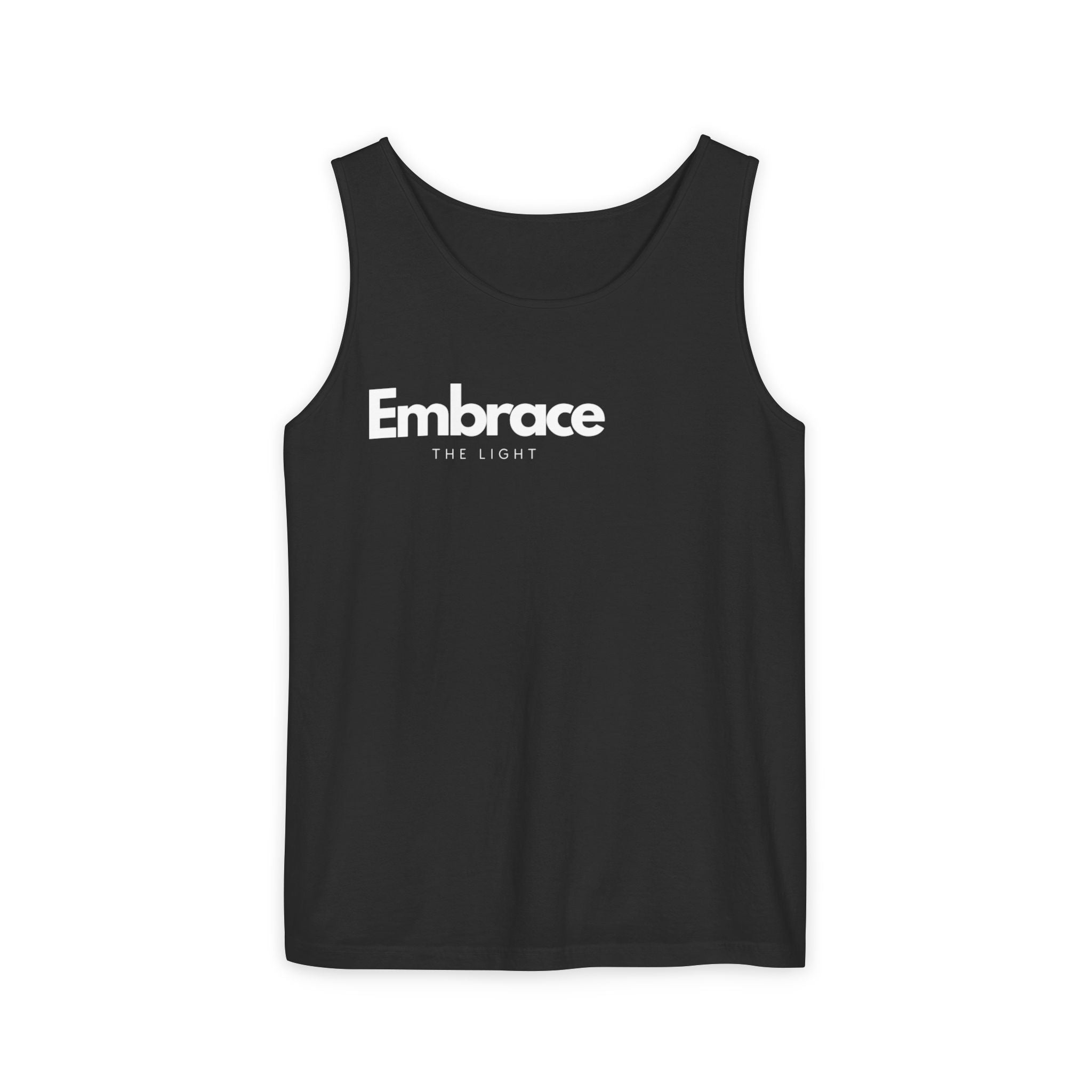 Unisex tank top made from sustainable US cotton in black with 'Embrace The Light' text. Relaxed fit, eco-friendly dyes, perfect for casual wear.