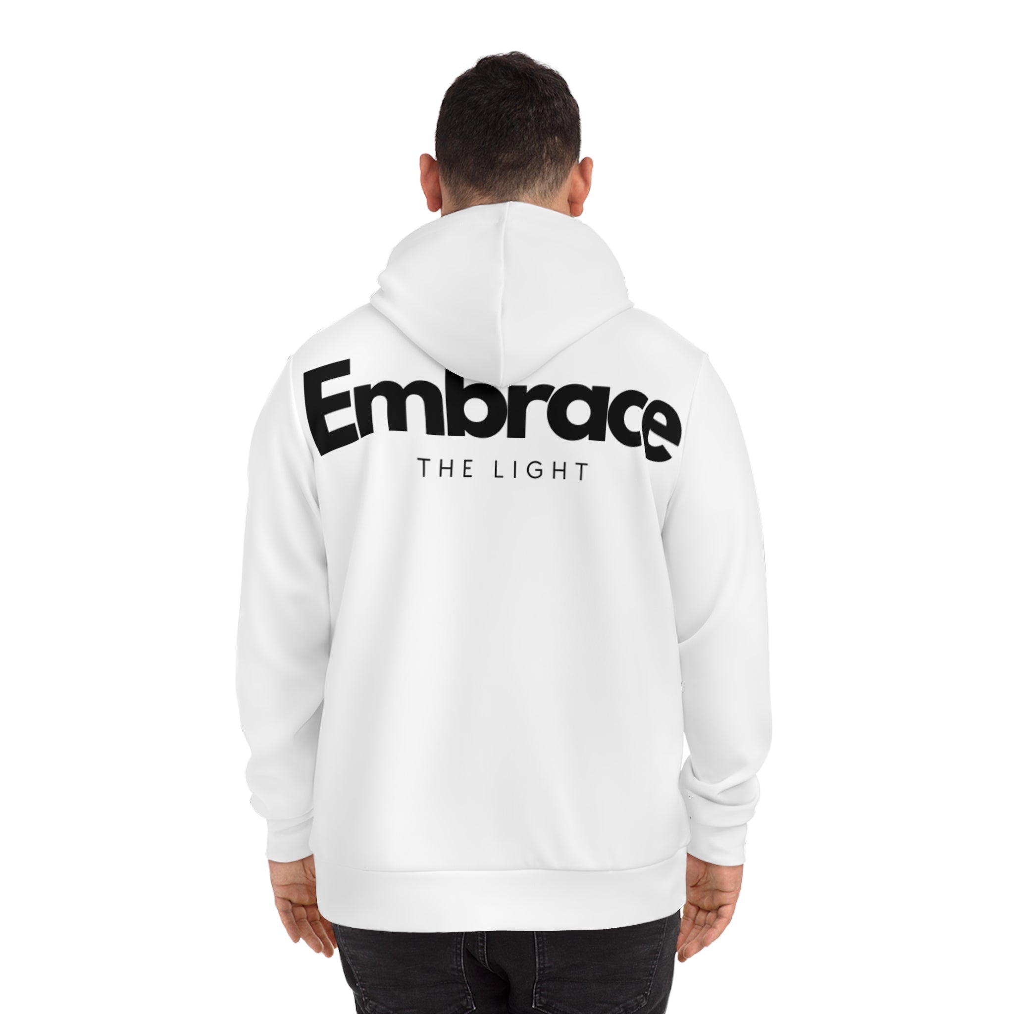 White all-over-print fashion hoodie with 'Embrace The Light' text on the back. Unisex design made from a polyester-cotton blend for comfort and style.