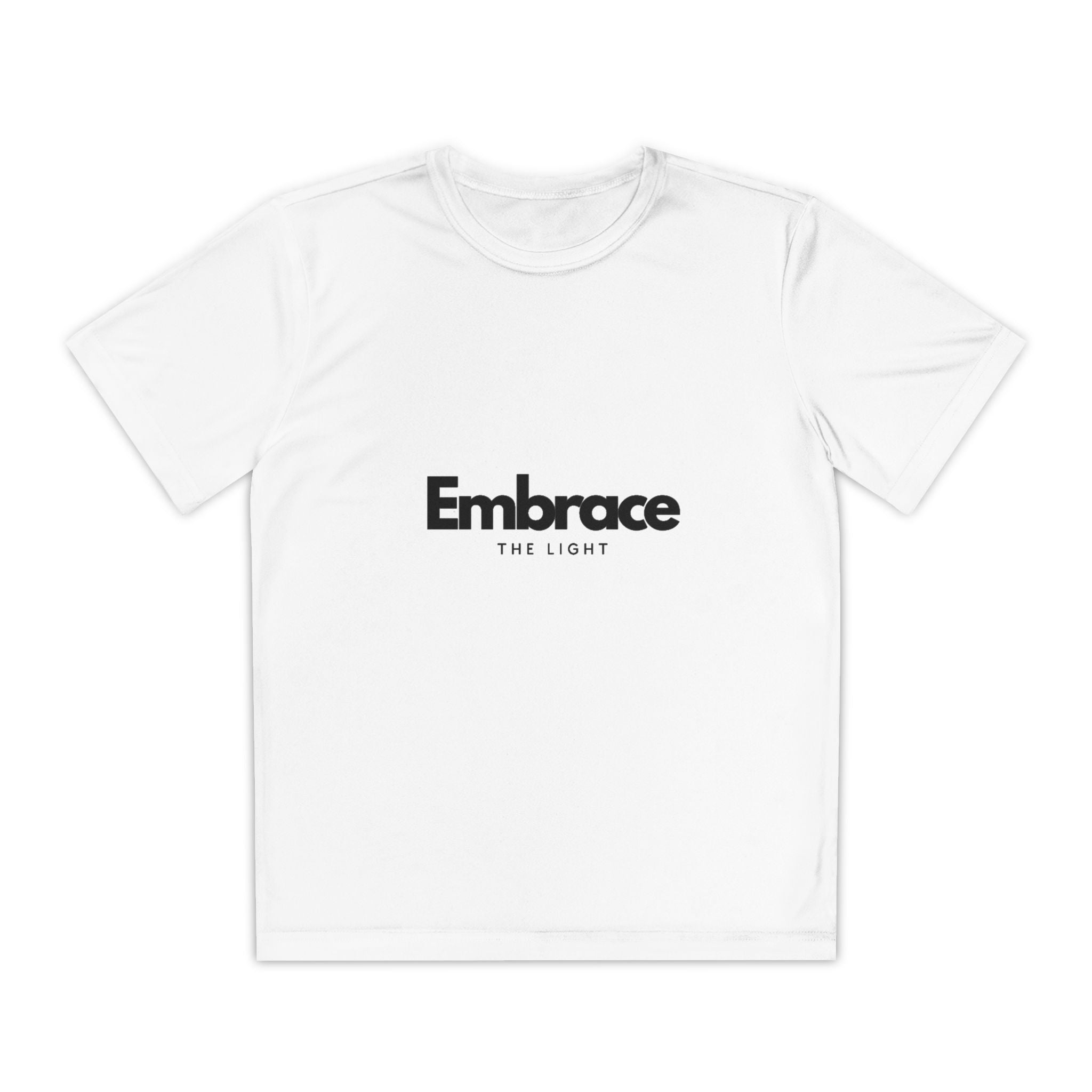 Youth Competitor Tee in white with 'Embrace The Light' text. Athletic wear for teens, made from breathable, moisture-wicking polyester for comfort.