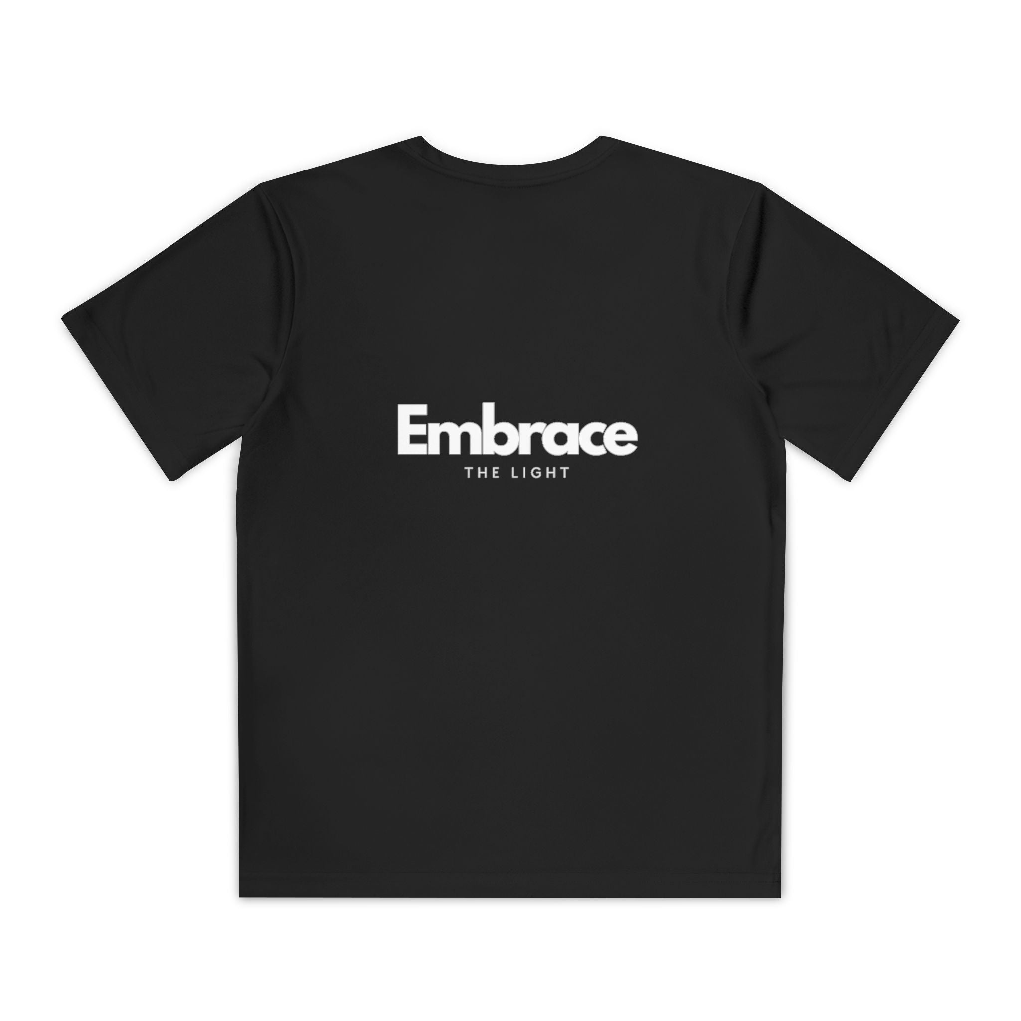 Youth Competitor Tee in black with 'Embrace The Light' text on the back. Designed for active teens with breathable, moisture-wicking polyester fabric.