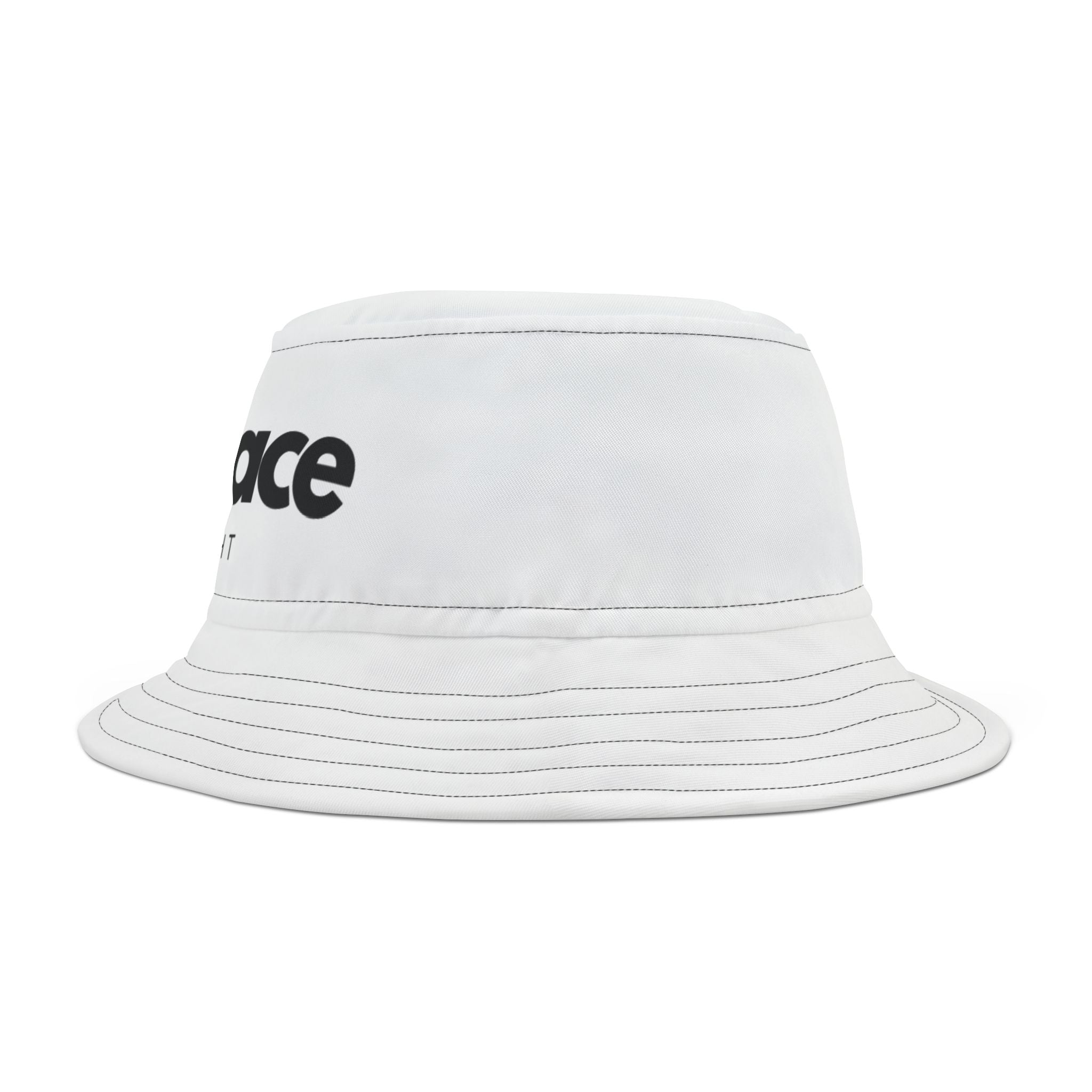 White bucket hat with black text design, made from 100% polyester. Stylish and modern accessory, perfect for all seasons and fashion trends.