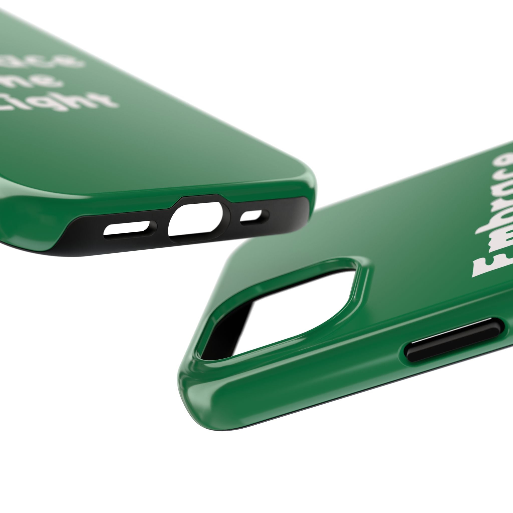 Tough phone cases with impact-resistant TPU and polycarbonate materials in glossy green finish. Lightweight and compatible with iPhone and Samsung models.