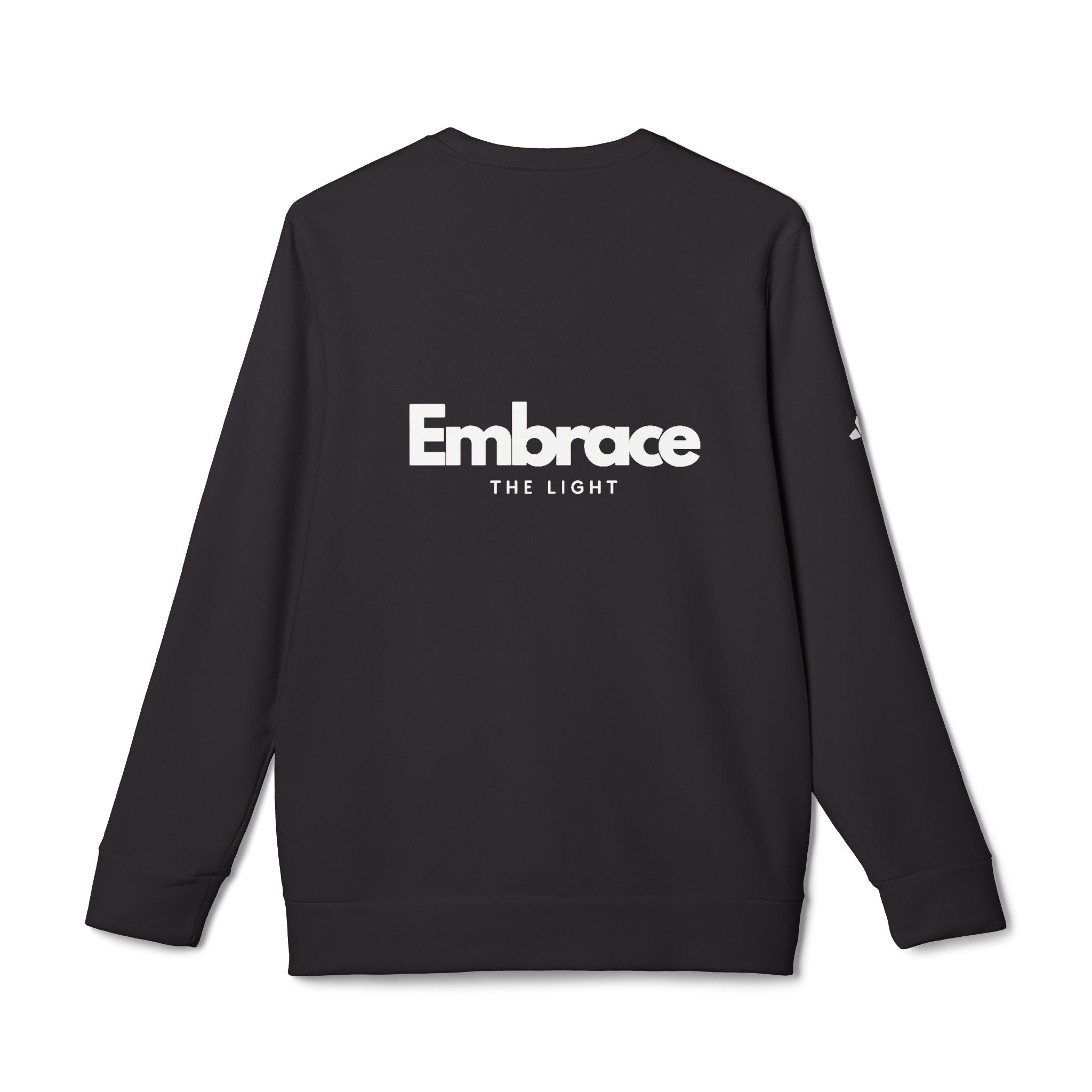 Adidas fleece crewneck sweatshirt in black with 'Embrace The Light' text on the back. Eco-friendly design with BCI cotton and recycled polyester.