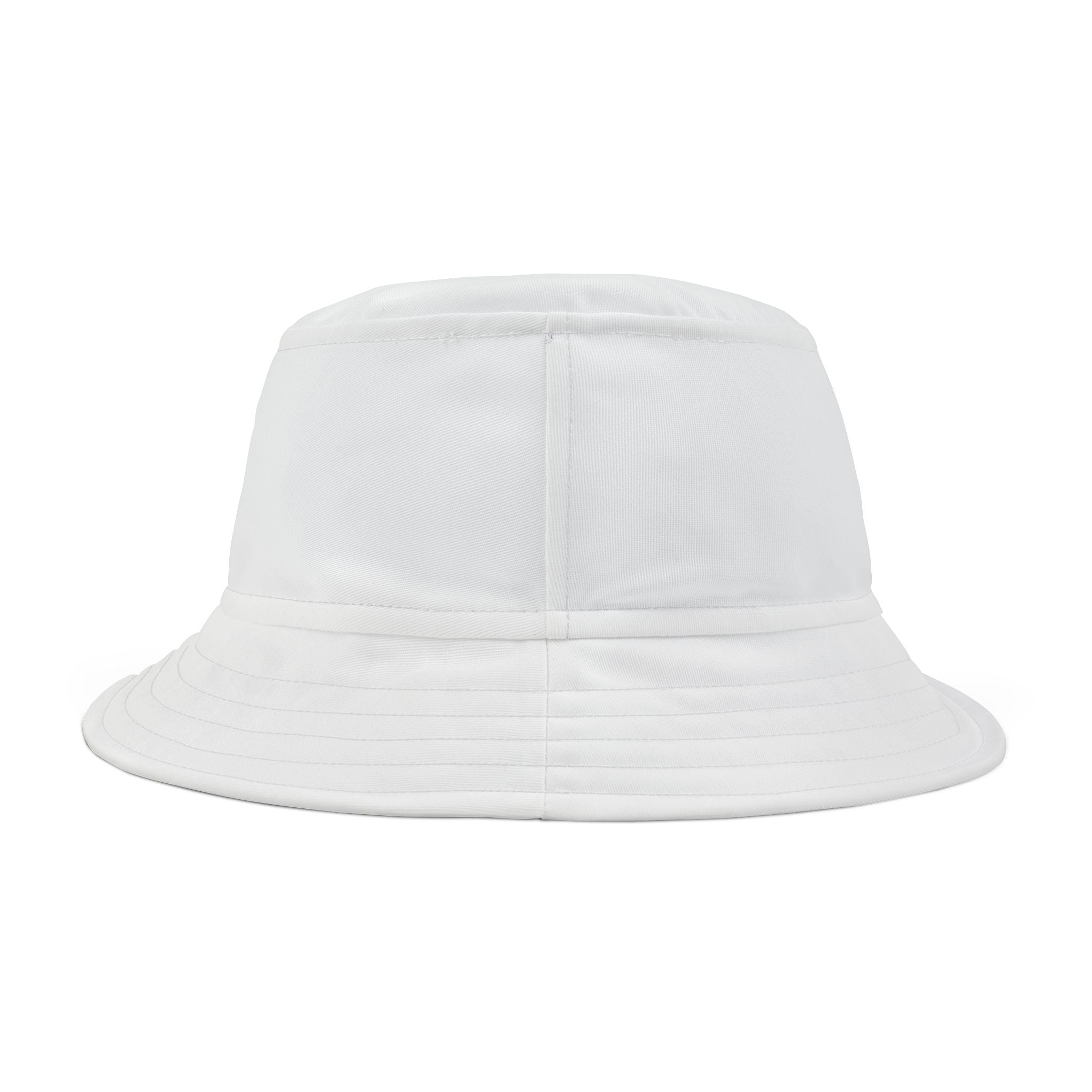 White bucket hat made from 100% polyester, featuring stitched seam lines for durability. A stylish and modern accessory for all seasons.