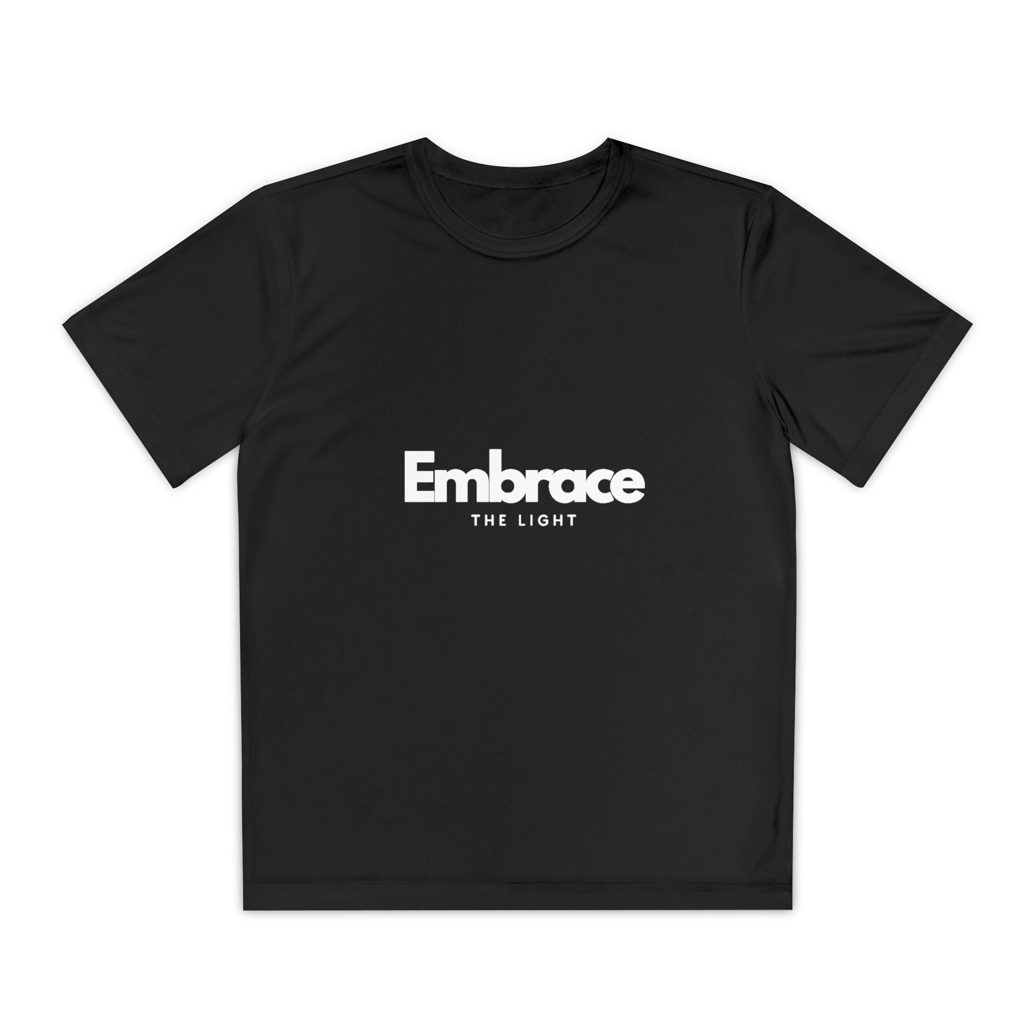 Youth Competitor Tee in black with 'Embrace The Light' text. Athletic wear for teens, made from breathable, moisture-wicking polyester for comfort.