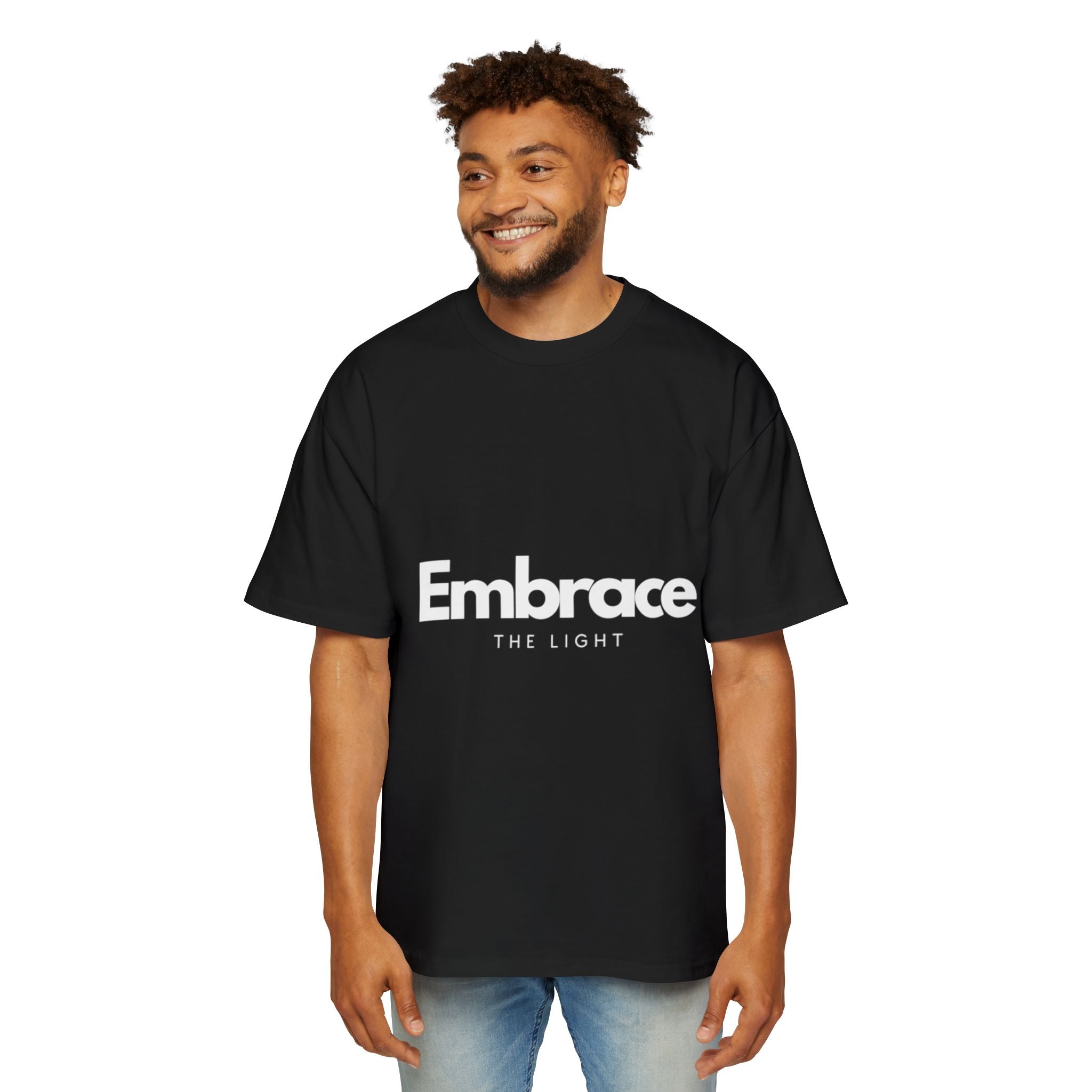 Men's Heavy Tee - Men's Oversized Cotton T-Shirt in black with 'Embrace The Light' text. Made from 100% cotton for a relaxed, boxy fit.