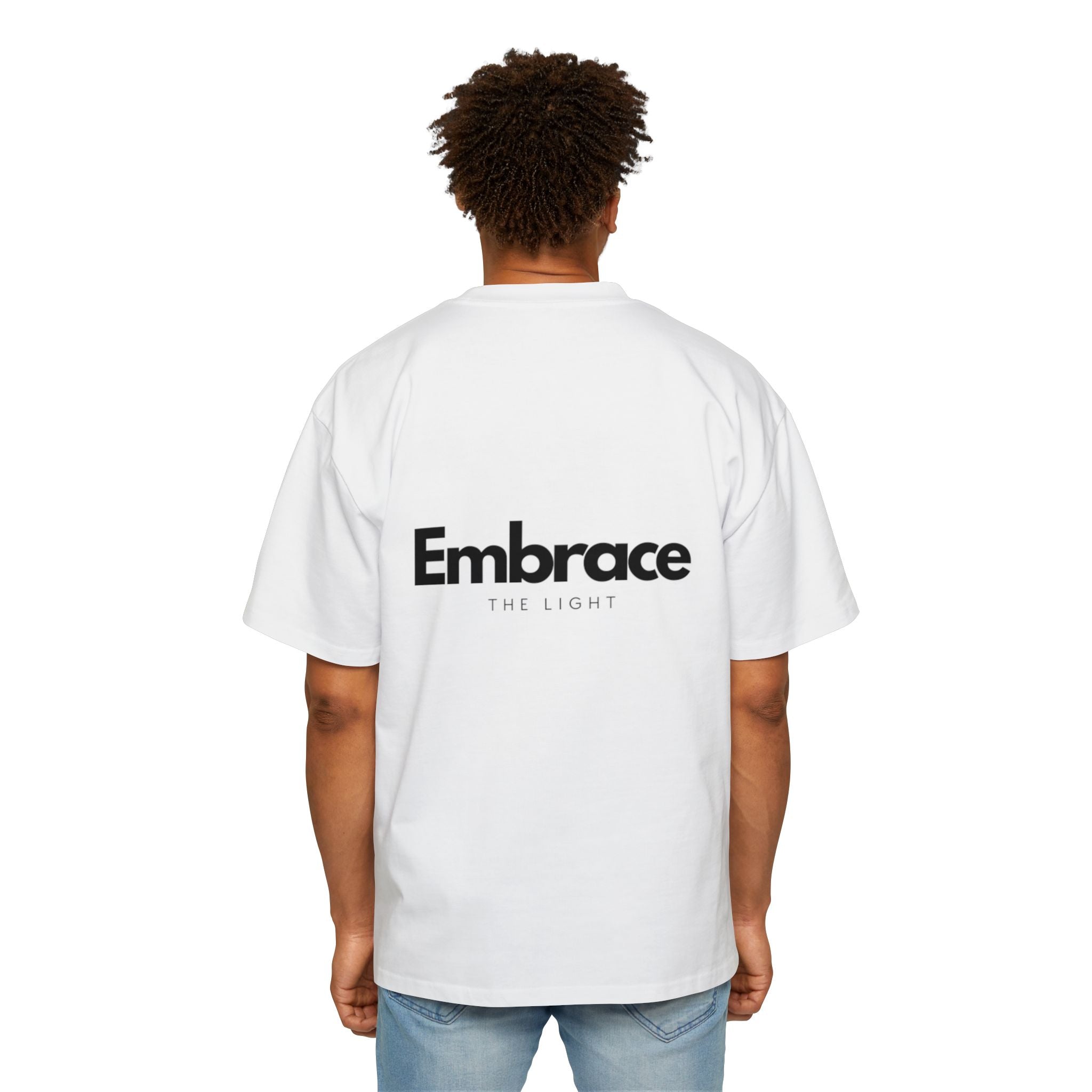 Men's Heavy Tee - Men's Oversized Cotton T-Shirt in white, featuring 'Embrace The Light' text on the back. Made from 100% cotton for a relaxed fit.