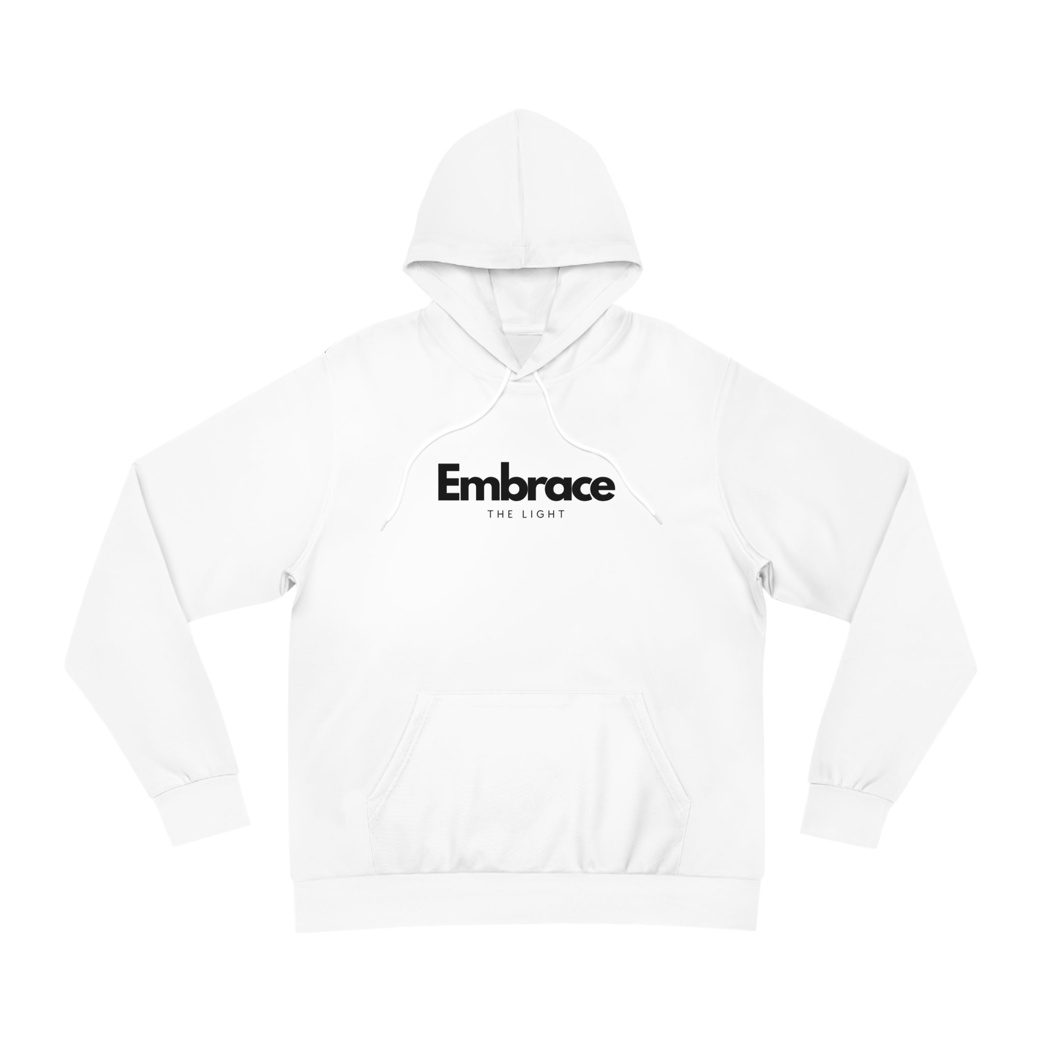 White all-over-print fashion hoodie with 'Embrace the Light' text design. Unisex hoodie made from a polyester-cotton blend for comfort and style.