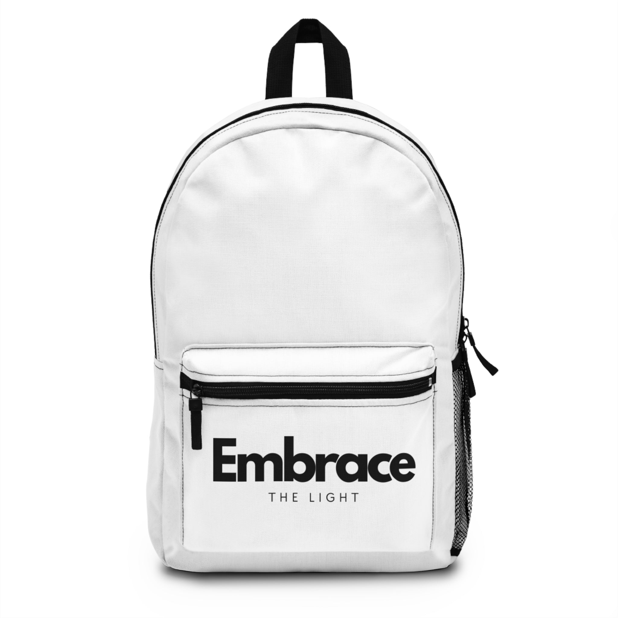 White lightweight durable backpack made from polyester with 'Embrace The Light' text on the front pocket. Features adjustable straps and side mesh pocket.