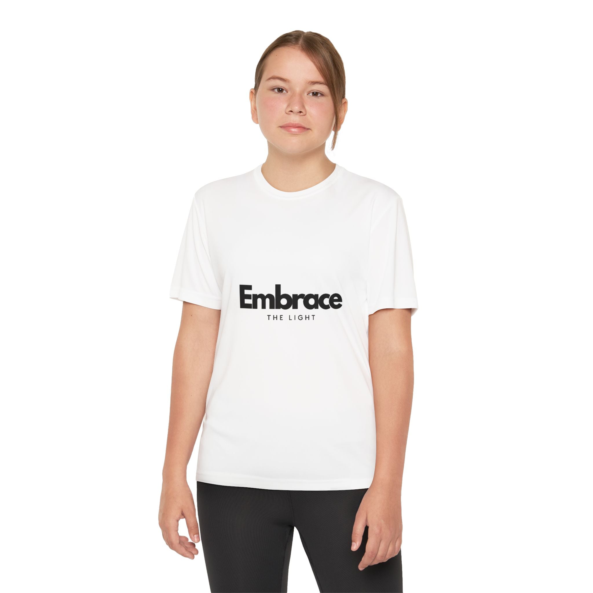 Youth Competitor Tee in white with 'Embrace The Light' print. Designed for active teens, this moisture-wicking polyester T-shirt offers comfort and agility.