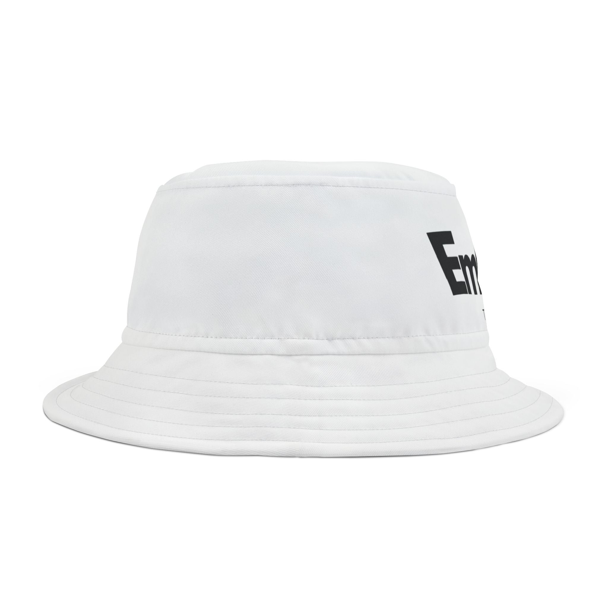 White bucket hat with all-over print design, made from 100% polyester. Stylish and unisex, perfect for casual wear and fashion-forward outfits.