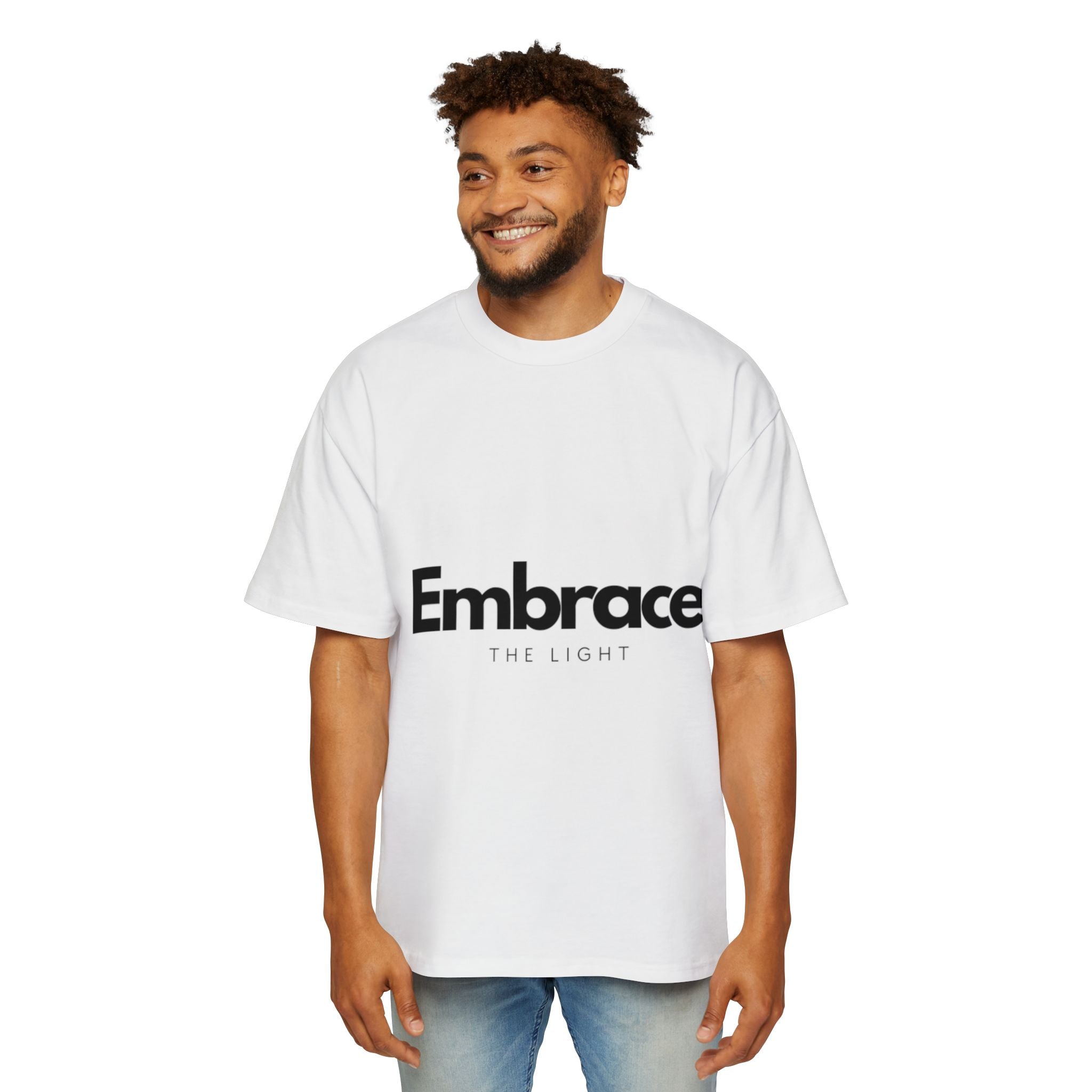 Men's Heavy Tee - Men's Oversized Cotton T-Shirt in white with 'Embrace The Light' text design. Made from 100% cotton for a relaxed, boxy fit.