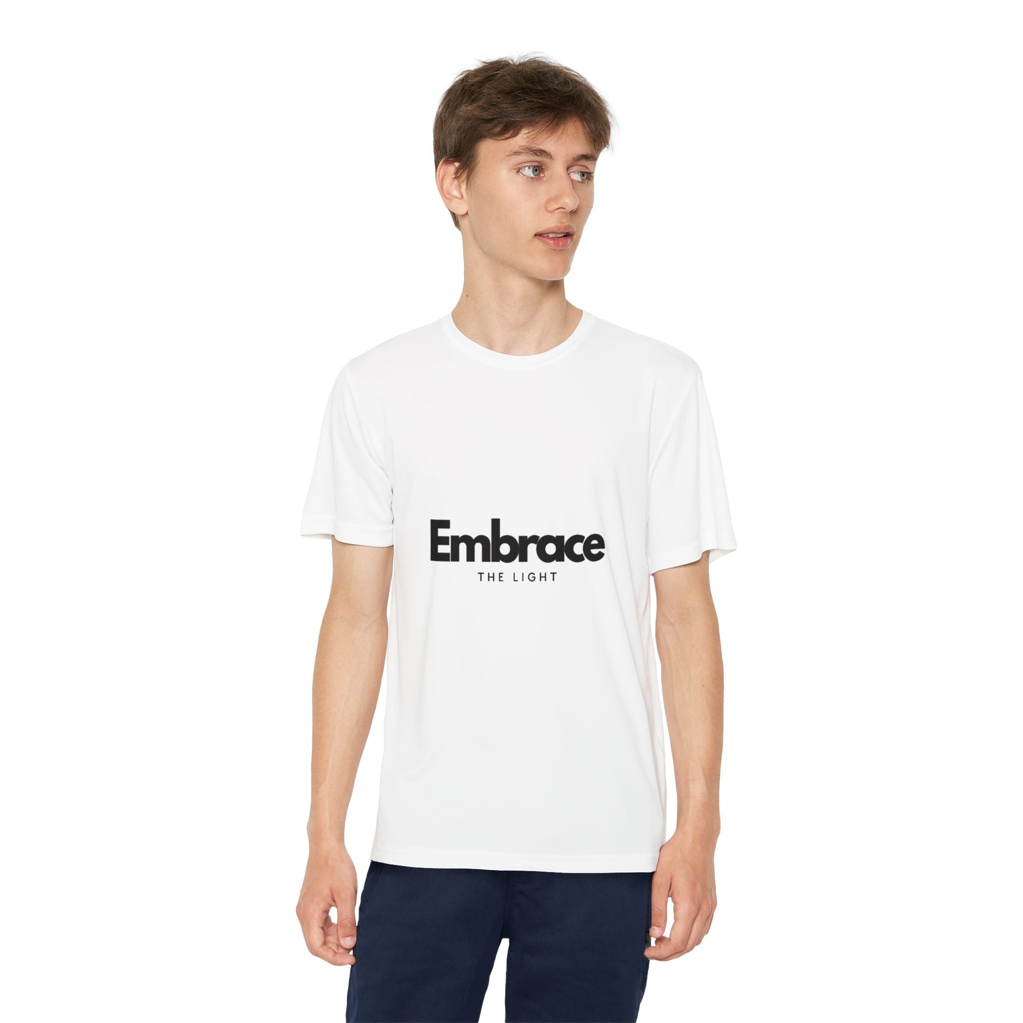 Youth Competitor Tee - Athletic Wear for Teens in white with 'Embrace the Light' print. Made from breathable, moisture-wicking polyester for active comfort.