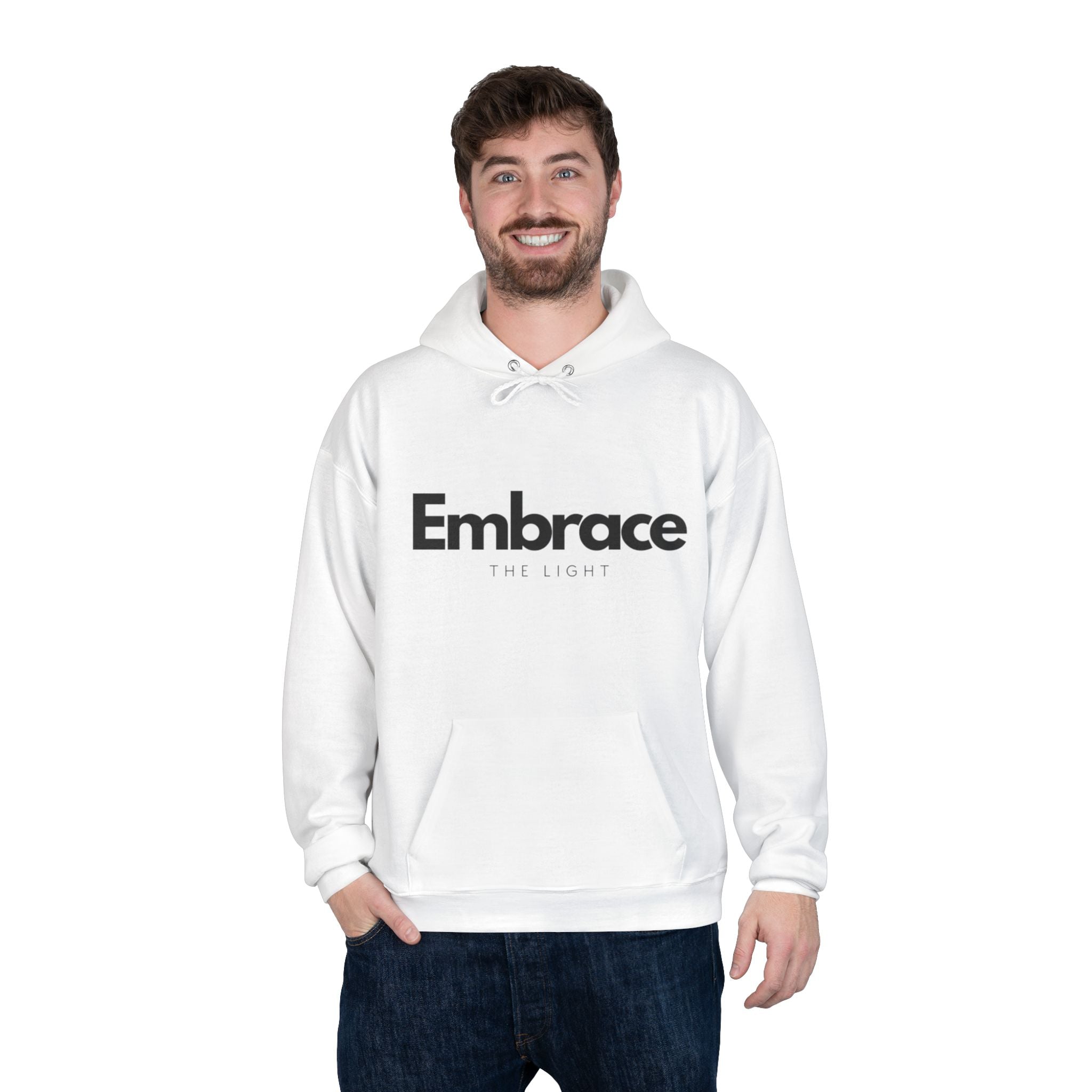 EcoSmart Hoodie Sweatshirt - Unisex Pullover in white with 'Embrace The Light' text. Made from recycled polyester, featuring a fleece lining and regular fit.